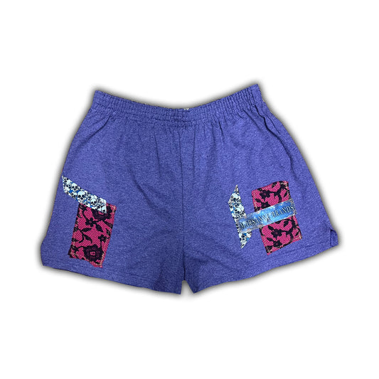 PURPLE PATCHWORK CHEER SHORTS
