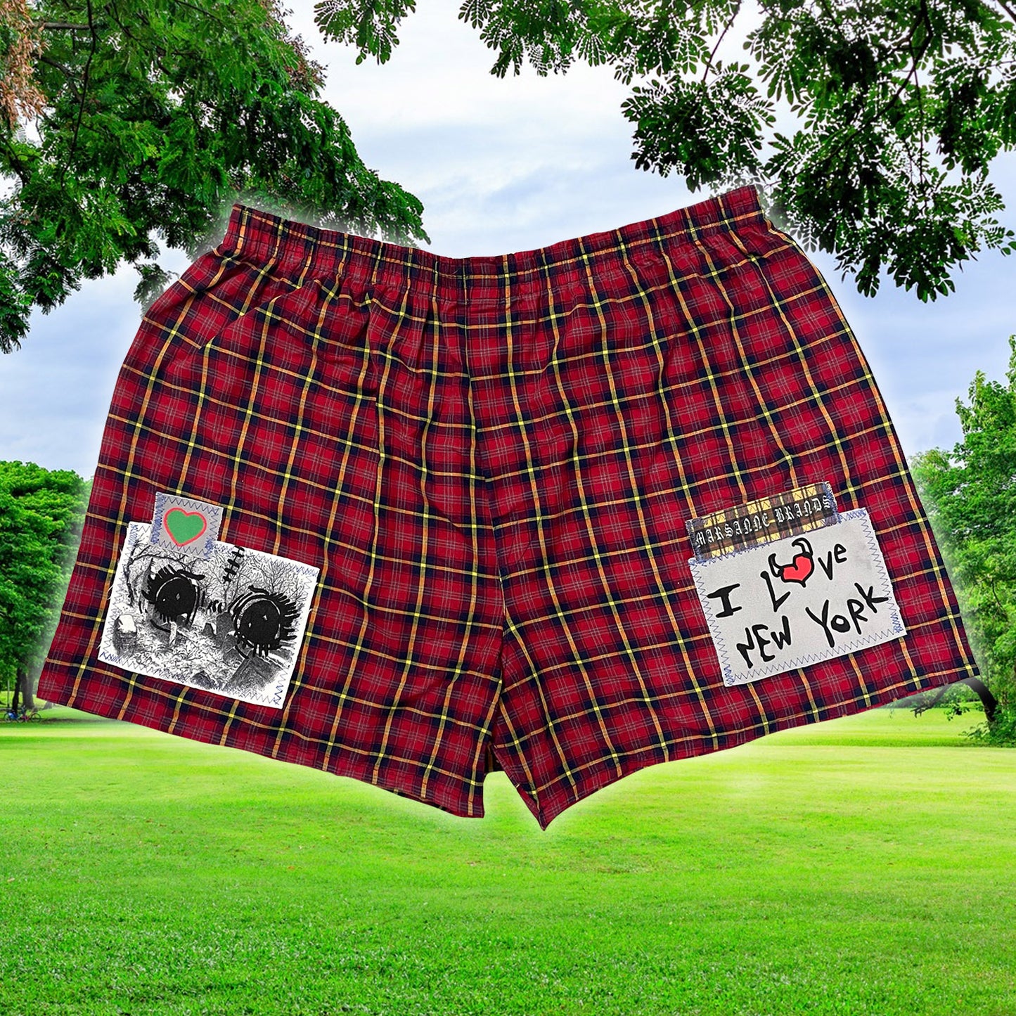 RED UNISEX PATCHWORK BOXER SHORTS